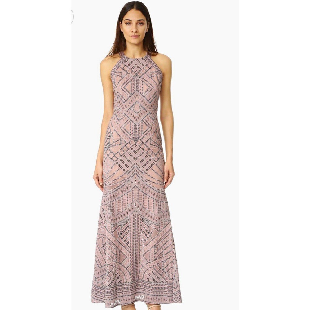 BCBGMAXAZRIA Women's 12 Pink/Black Geometric Lace Halter Maxi Dress Lined Zip